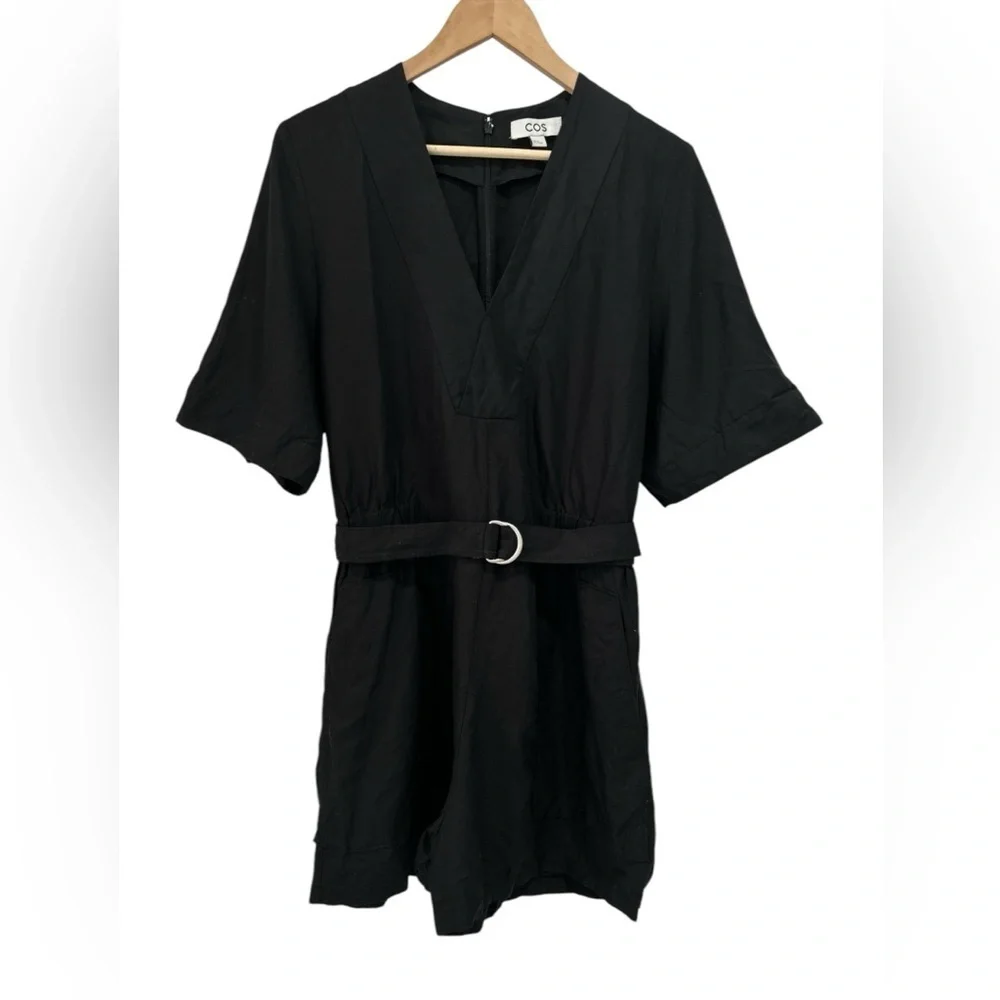 COS Linen Lyocell Belted V Neck Romper Playsuit in Black - Size 12